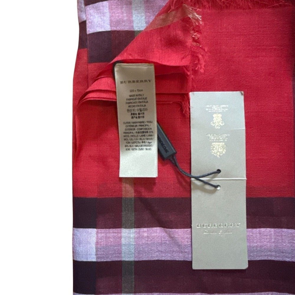 Burberry Red and Black Wool Check Scarf. Brand New With Tags. 86x27”. Large